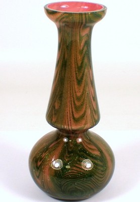 RARE 6'' Antique c1900 Rindskopf Aventurine Pink Green Swirl Cased Art Glass Vase