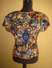 Oleg Cassini black silk multicolor sequin/bead short sleeve fitted evening top S