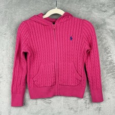 Polo Ralph Lauren Sweater Girls 4 Cable Knit Full Zip Hooded Pony Logo Preppy
