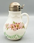 Vintage Milk Glass Syrup Pitcher Floral Maple Honey Jug Metal Flip Lid 1920/30s