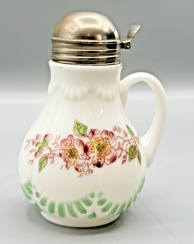 Vintage Milk Glass Syrup Pitcher Floral Maple Honey Jug Metal Flip Lid 1920/30s