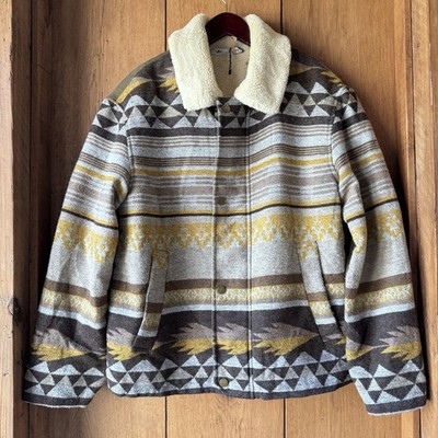 Zara Geometric Jacquard Borg Fleece Jacke Mantel Gr. S Herren Western Azteken Boho
