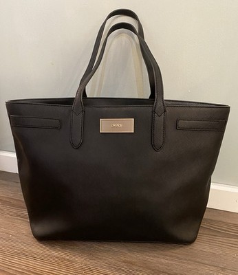 DKNY 100% Genuine Leather  Black Textured Tote Bag W/ Magnetic Closure 17 x 11 