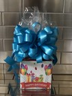 Happy Birthday Cookie Gift Basket-Box Banner Balloon Theme Wrapped And Blue Bow