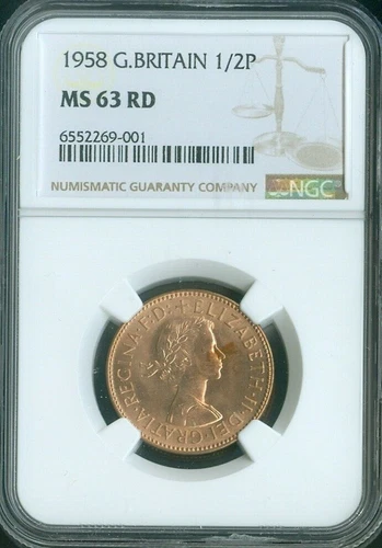 1958 Great Britain 1/2 Penny NGC MS-63 RED Quality✔️