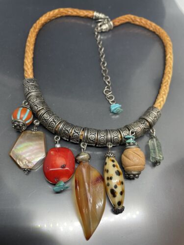 Chico's Tribal Boho Western Braided Leather Cord Stones Charms Pendant Necklace - Picture 1 of 3