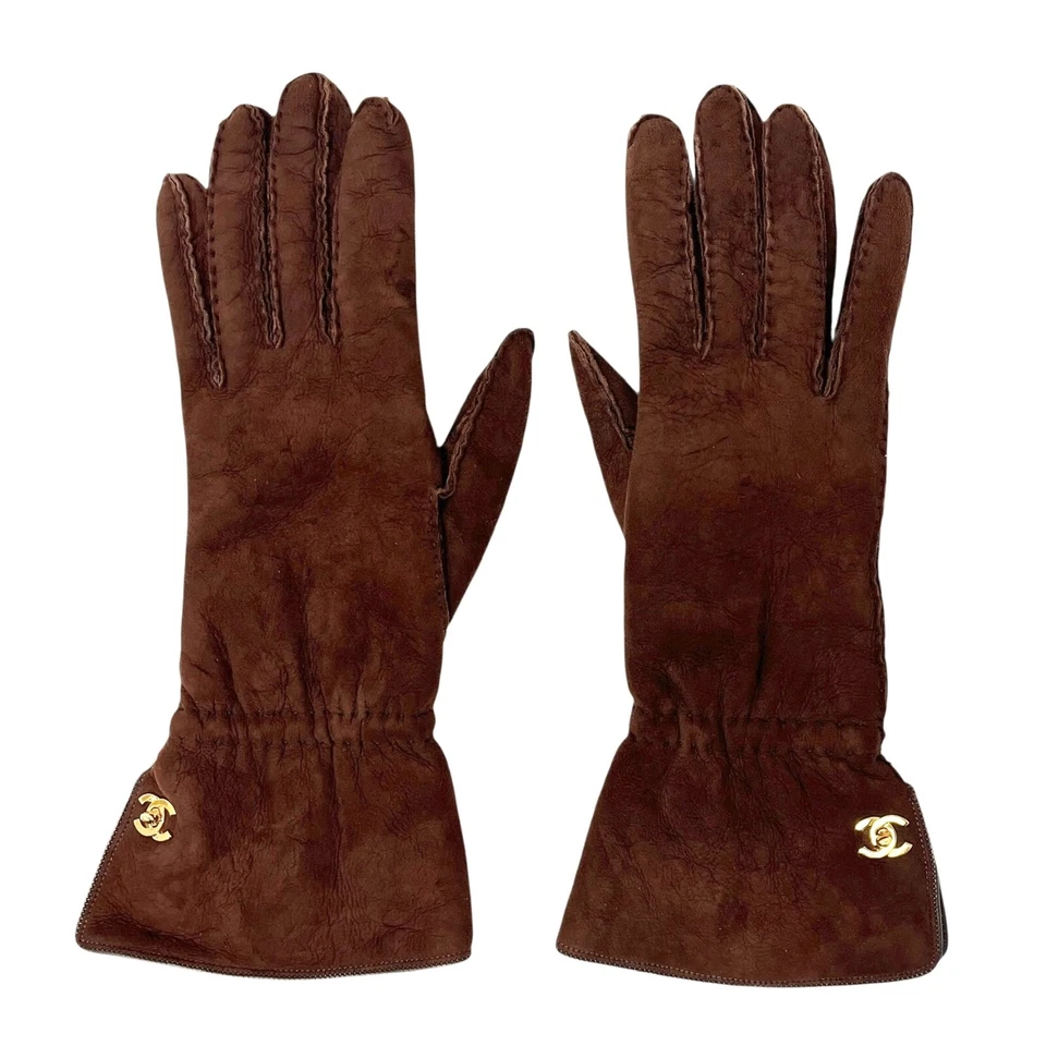 CHANEL Vintage CC Logo Gloves #L Fashion Accessory Brown Gold Suede Leather - Image 3 of 4