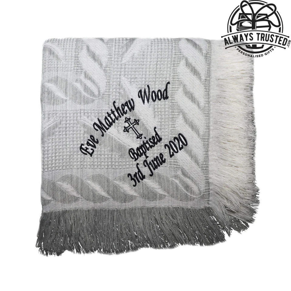 Chal de bautizo personalizado gris bautismo escritura curva gris