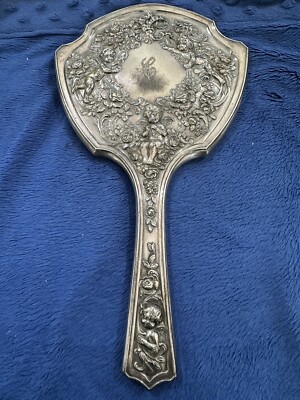 Victorian Cherubs Silver Plated Vanity Hand Mirror, 11x6.5in, Engraved C
