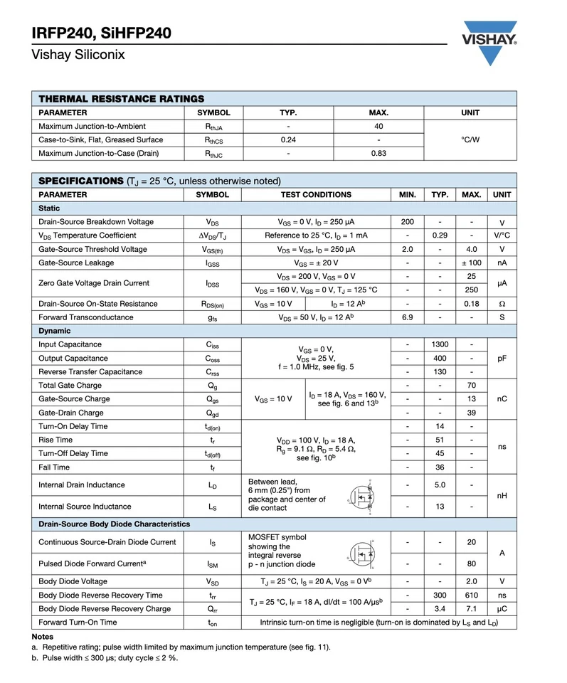 IRFP 240 TRANSISTOR N MOSFET 200V 20A 150W (lotto 4pz) *** OFFERTA!!! - Bild 3 von 3