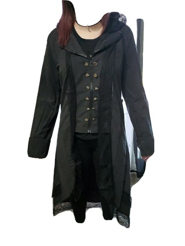 NEW Steampunk Goth Long Coat Lace Collar Black Trench Vampire Womens Size XXL