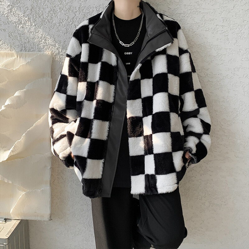 Double Sided Men Faux Fur/PU Leather Padded Coat Thick Biker