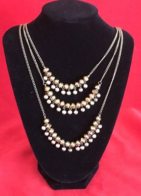 VINTAGE Three Strand NECKLACE Brass Colored ARABESQUE Lovely BOHEMIAN