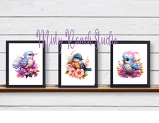 Set of 3 Cute UNFRAMED Fairytale Birds Flowers Watercolor Fantasy Art Prints