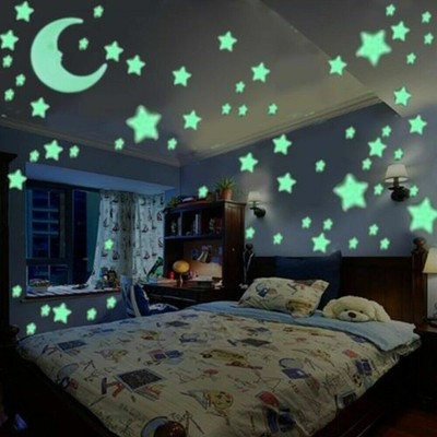 100 Wall Glow In The Dark Moon Stars Stickers Baby Kids Nursery