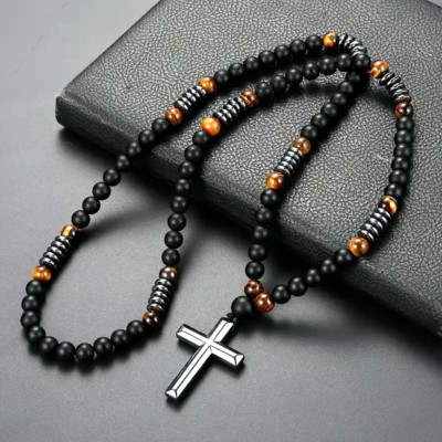 Natural Stone Tiger Eye Round Beads Long Chain Hematite Cross Rosary BeadsNeckla