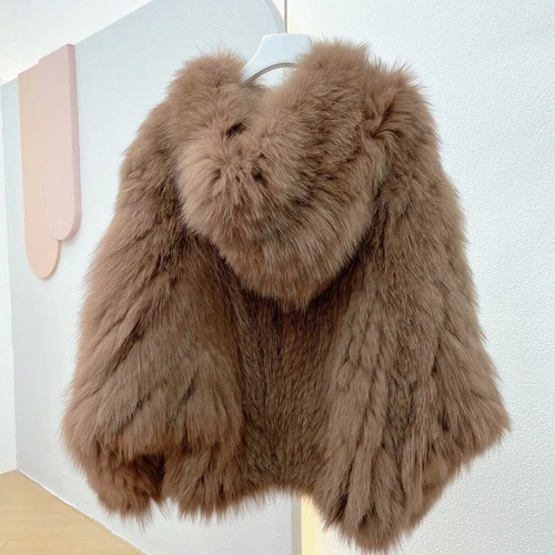 Women Real Fox Fur Knitted Coat Hooded Bat Sleeve Baggy Jacket Warm Outwear Tops - Picture 42 of 43