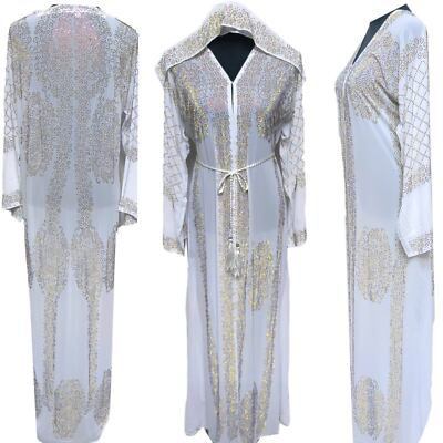 Luxury Women White Chiffon Stones Work Abaya long dress
