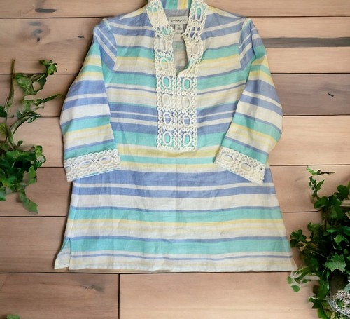 Linen Tunic Top M Pastels Multi Stripe Coastal Resort Beach Woven Trim New READ