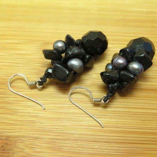 Pendientes colgantes de racimo de perlas y ónix negros de agua dulce plata esterlina 925 11 g - Imagen 3 de 8