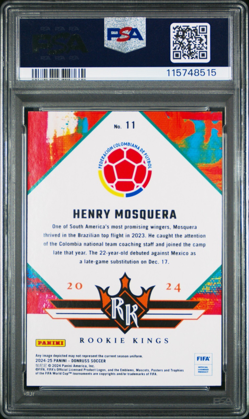 2024-25 Henry Mosquera Panini Donruss Rookie Kings Black Colombia Card 1/1 PSA 7 view 2