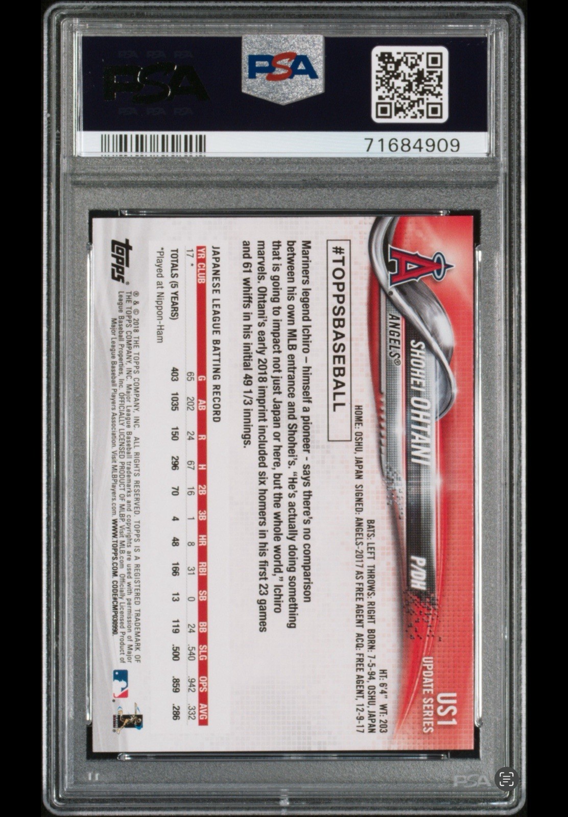 2018 Topps Update Shohei Ohtani #US1 Rainbow Foil Rookie RC PSA 9 view 2