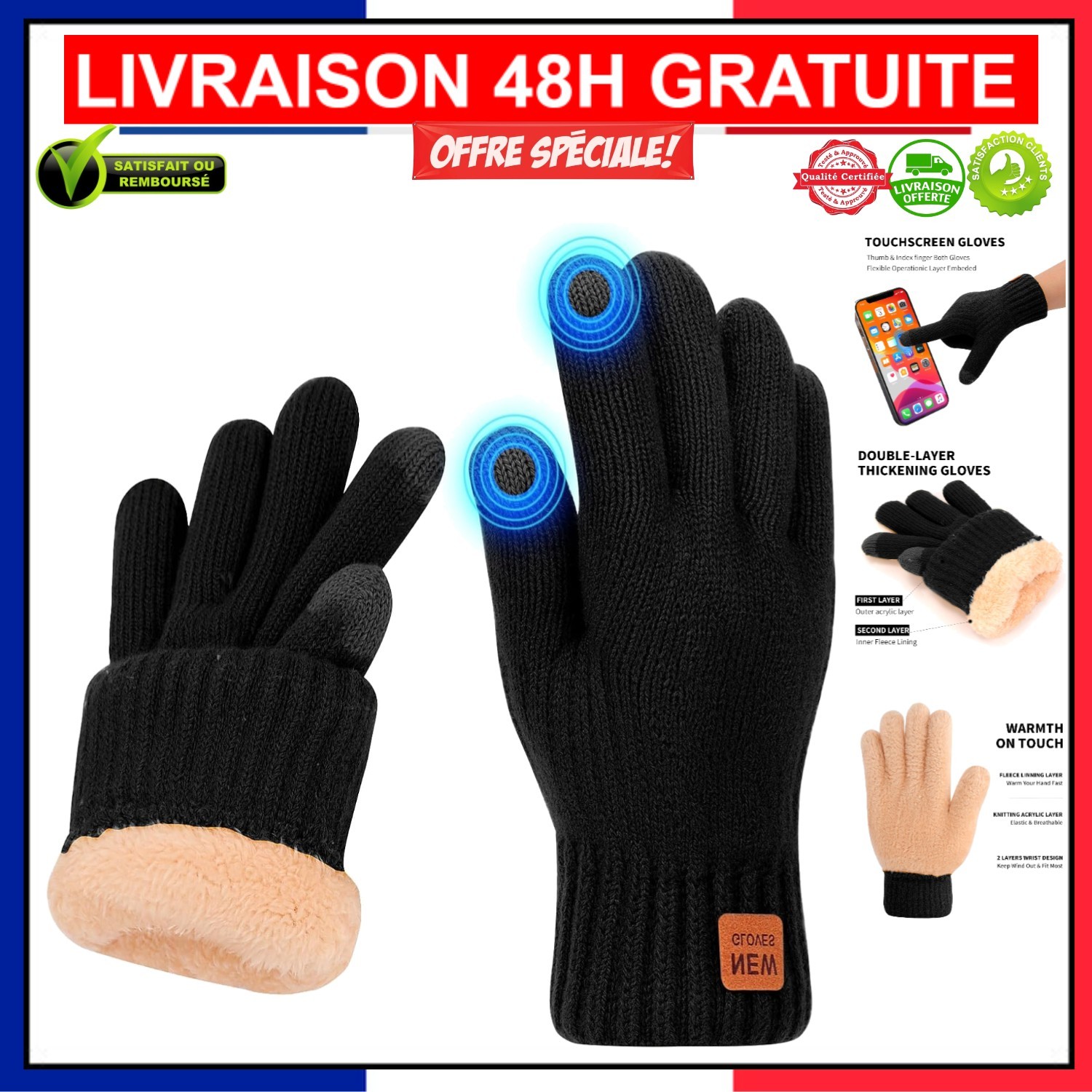 Gants froids femmes finis les doigts gelés sur smartphone avec poignets ajustés