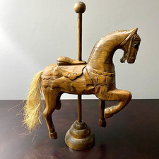 Vintage Wooden Carousel Horse With Straw Tail Hand Made Folk Art 10.5" Tall