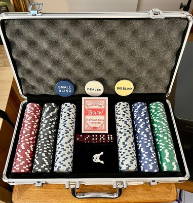 Poker Set in Aluminum Case Complete Chips Cards Dice Dealer New Sealed