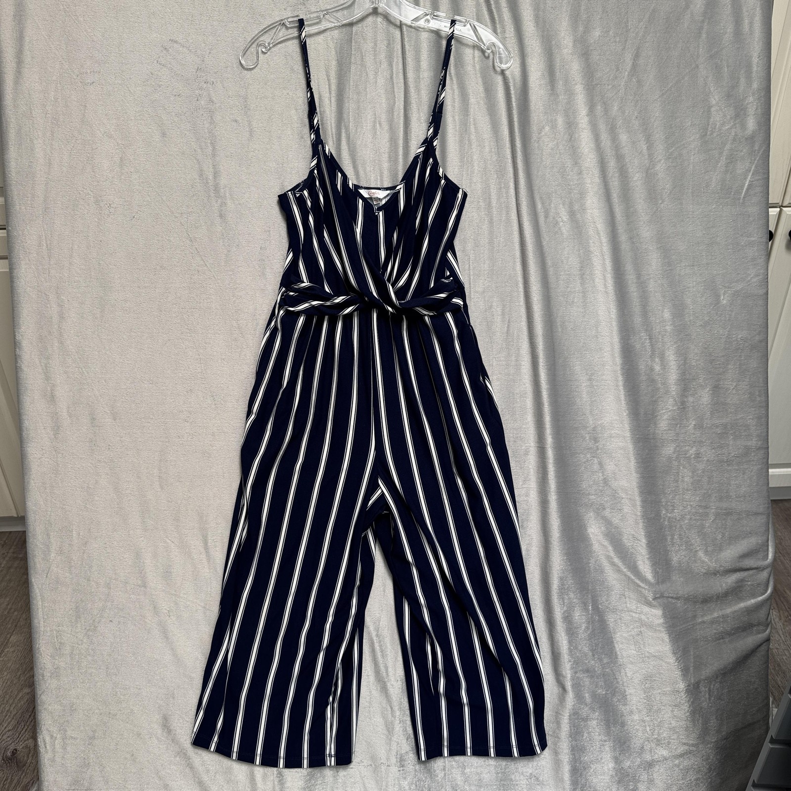 Candie's Jumpsuit Womens Small Navy White Striped Twist Front Culotte Wide Leg