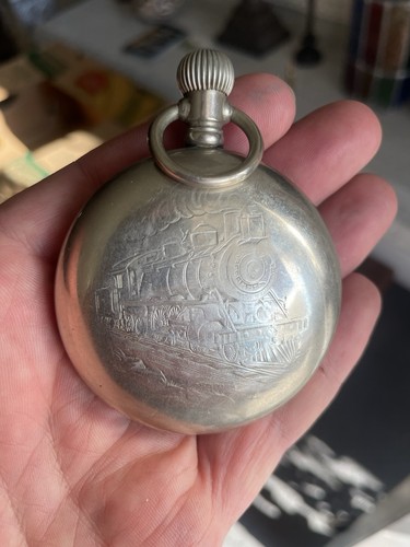 Railroad train Case Antique Silverode pocket watch Nice Engraved Choo Choo 18s