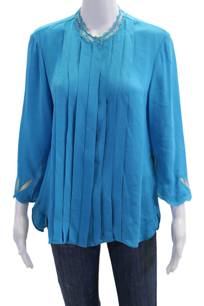 Elie Tahari Womens Blue Silk Pleated Long Sleeve Blouse Size M