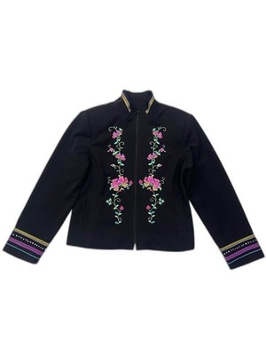 Nancy Bolen Embroidered Sequin Black Pink Floral Zip Blazer Jacket Women s Top