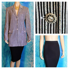 ST. JOHN Evening Knits Black Cream Jacket Skirt L 10 12 2pc Suit Sequined Collar