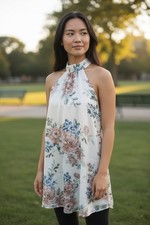 (H-231)Lulus Floral Halter Dress XS Sleeveless Midi Cream Floral Summer Dress NW