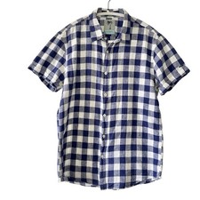 Scotch Soda Men's Blue and White Gingham Linen Blend Button Down Shirt- Large