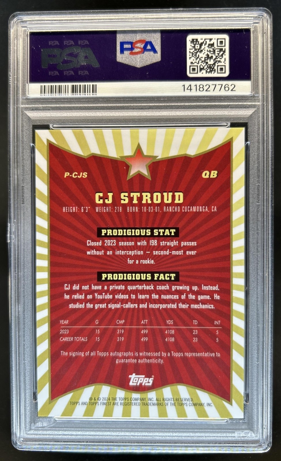 2024 Topps Finest CJ Stroud Prodigies Auto Black Geometric Refractor #/25 PSA 9 view 2