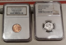 44)   Lot of 2 Coins, Bashlow CSA, 1c Restrikes, Silver & Copper, Both NGC MS68.