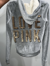 Y2K PINK Victoria's Secret Gray Faux Fur Lined Full Zip Hoodie XS Sequin