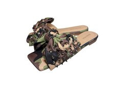 NEW Azalea Wang Camo Studded Sandals Slides Bow Flats Women's 6.5