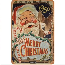 Retro Metal Sign Santa Rudolph 1950 Merry Christmas Vintage Style