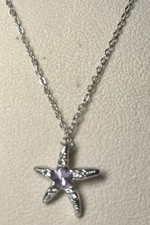 Silvertone Starfish Pendant Pink Rhinestone Necklace 17" Chain