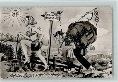 10500217 - Cartoon - Man Must Carry Backpack, Woman Goes Forward