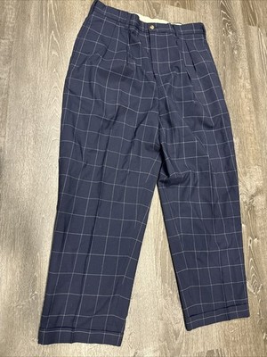Tommy Hilfiger Pants Men 35x28 Windowpane Plaid Pleated Cuffed Trousers Vtg 90s