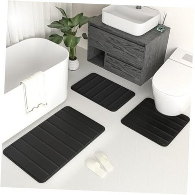 Bathroom Rugs Set 3 Piece Memory Foam Bathroom Mat Set Non-Slip Extra Black