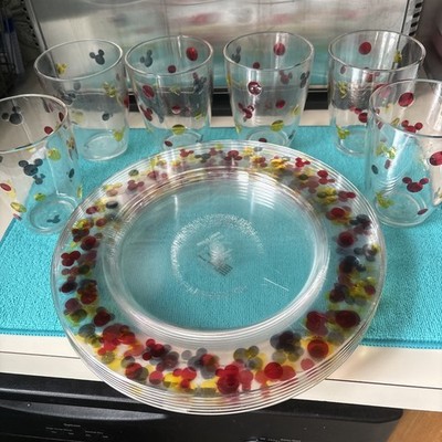 Vintage Disney Mickey Mouse Clear Confetti Mickey Ears Acrylic Plates/Cups Set 6