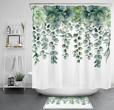 Green Eucalyptus Leaves Succulent Plant Shower Curtain Set for Bathroom Decor