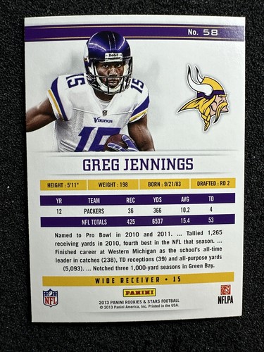 GREG JENNINGS #58 2013 Panini Rookies & Stars QTY Minnesota Vikings - Picture 2 of 2