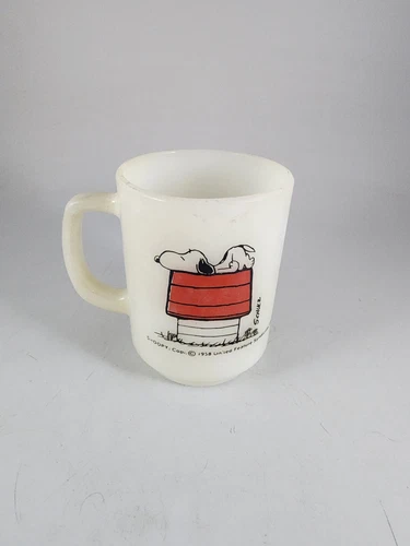 Fire King Snoopy On Dog House Milk Glass Mug Im Allergic To Mornings Vintage