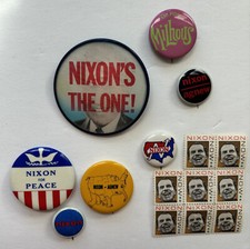 1968 Richard Nixon presidential campaign buttons including 3-D and stamps